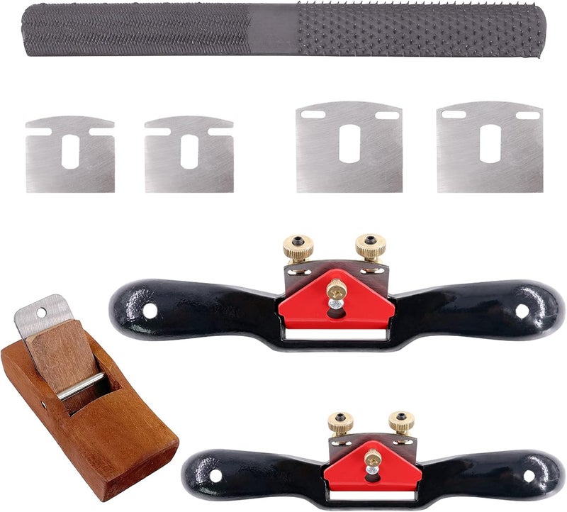 Glarks Adjustable Spokeshave Set (2pcs) with Replacement Blades, Woodworking Plane, 4-Way Rasp File - G2657 [Metal, Brass, Red, Black, Silver] - Image 1
